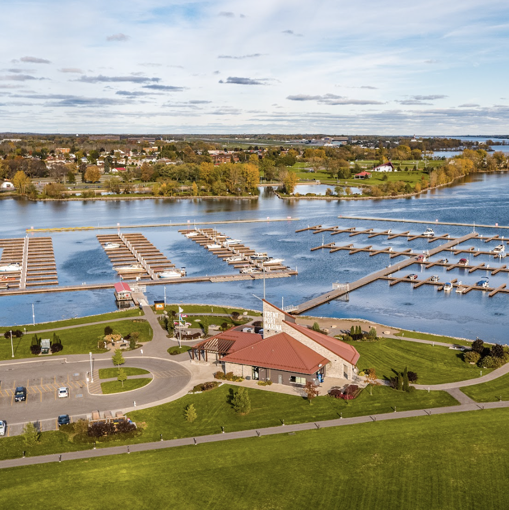 An aerial photo of the Trent Port Marina and surrounding water with rows of docks and boats.